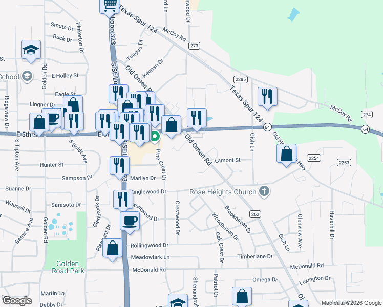 map of restaurants, bars, coffee shops, grocery stores, and more near 1629 Old Omen Road in Tyler