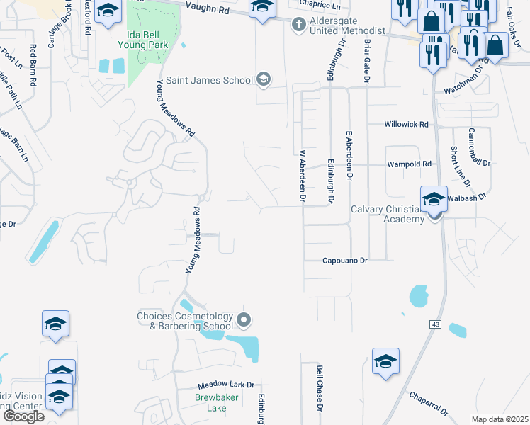 map of restaurants, bars, coffee shops, grocery stores, and more near 2331 Edinburgh Drive in Montgomery
