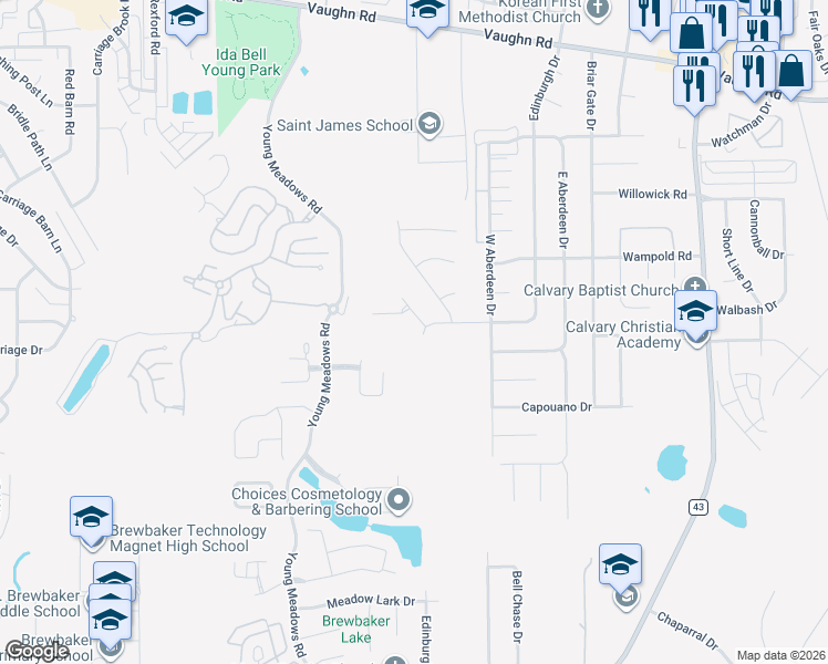 map of restaurants, bars, coffee shops, grocery stores, and more near 2331 Edinburgh Drive in Montgomery