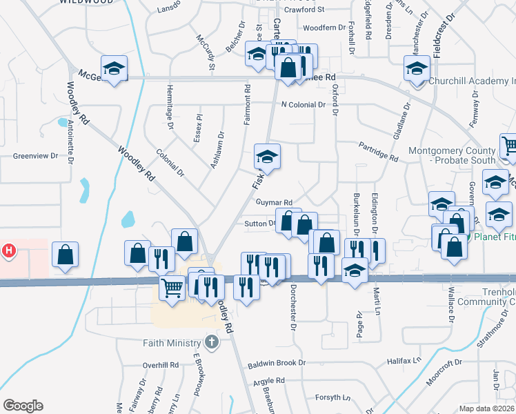 map of restaurants, bars, coffee shops, grocery stores, and more near 3008 Guymar Road in Montgomery