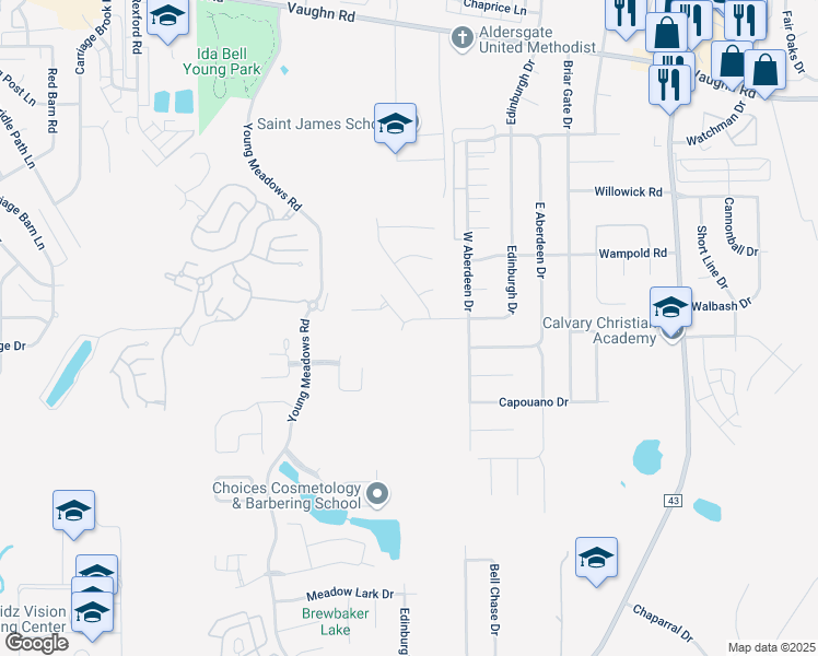 map of restaurants, bars, coffee shops, grocery stores, and more near 2331 Edinburgh Drive in Montgomery