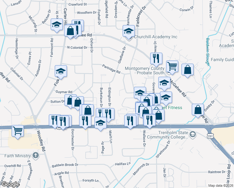 map of restaurants, bars, coffee shops, grocery stores, and more near 2627 Eldington Drive in Montgomery