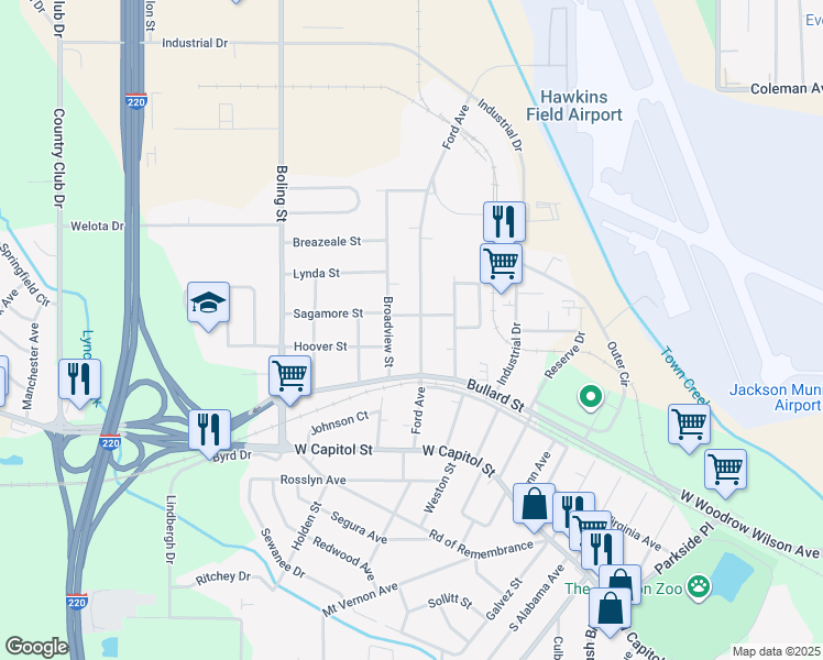 map of restaurants, bars, coffee shops, grocery stores, and more near 256 Ford Avenue in Jackson