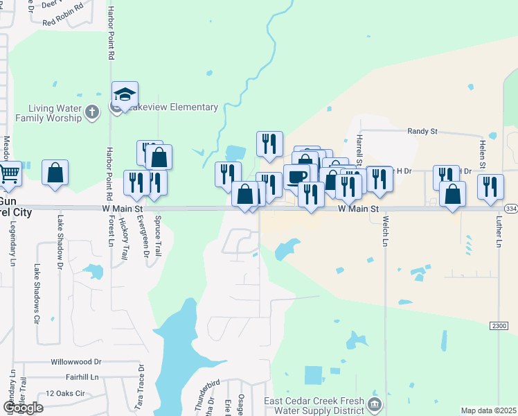 map of restaurants, bars, coffee shops, grocery stores, and more near 1317 East Main Street in Gun Barrel City