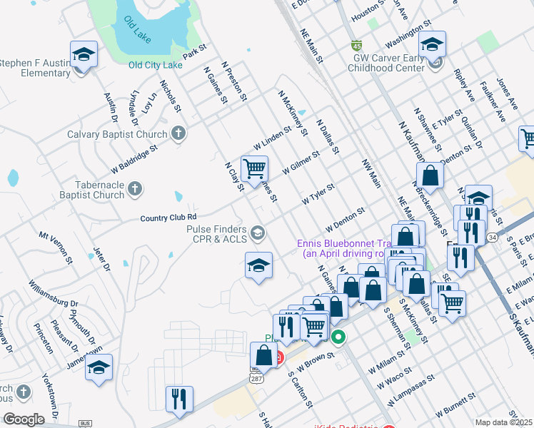 map of restaurants, bars, coffee shops, grocery stores, and more near 908 North Clay Street in Ennis