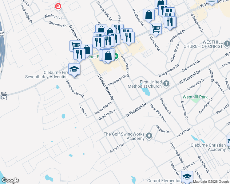 map of restaurants, bars, coffee shops, grocery stores, and more near 608 Stoneridge Court in Cleburne
