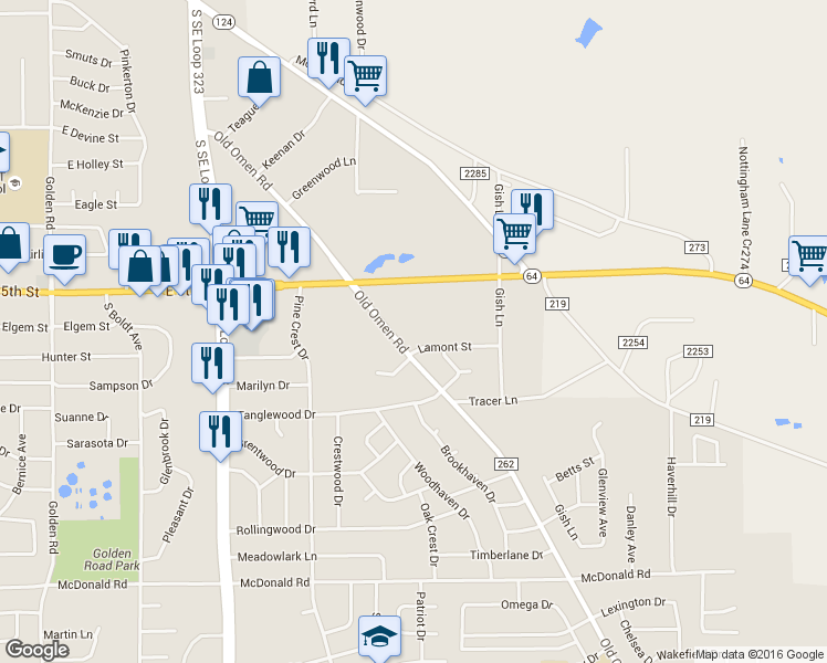 map of restaurants, bars, coffee shops, grocery stores, and more near 1712 Old Omen Rd in Tyler
