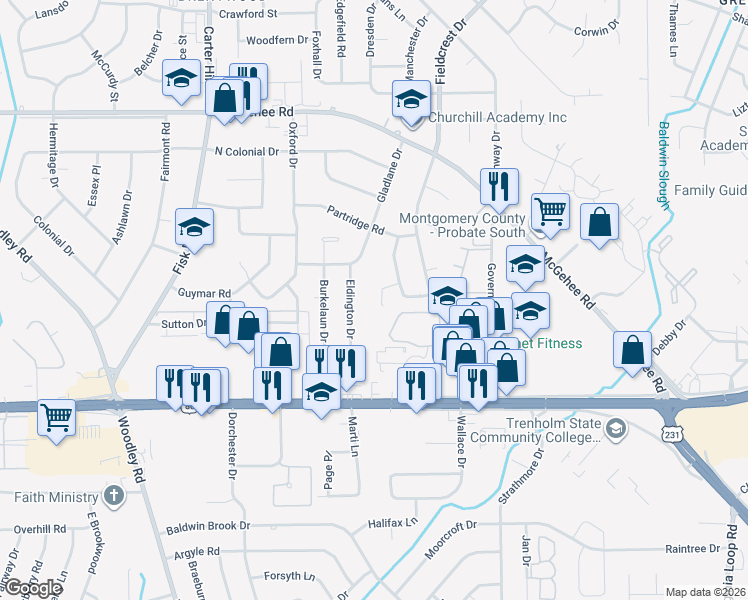 map of restaurants, bars, coffee shops, grocery stores, and more near 2627 Eldington Drive in Montgomery