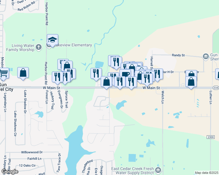 map of restaurants, bars, coffee shops, grocery stores, and more near 1317 East Main Street in Gun Barrel City
