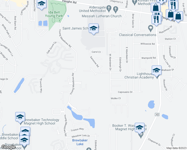 map of restaurants, bars, coffee shops, grocery stores, and more near 2406 Edinburgh Drive in Montgomery