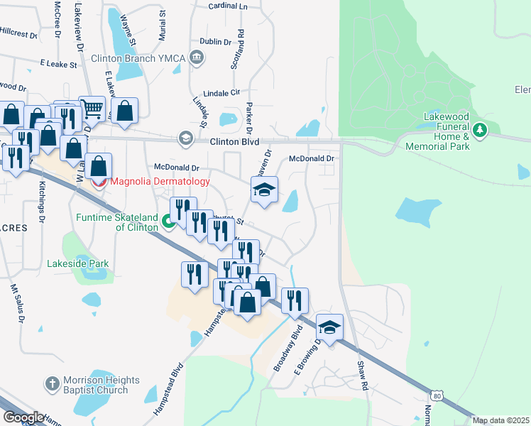 map of restaurants, bars, coffee shops, grocery stores, and more near 201 Easthaven Drive in Clinton