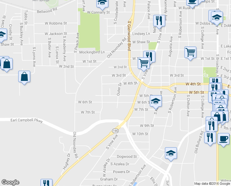 map of restaurants, bars, coffee shops, grocery stores, and more near 1703 Outer Drive in Tyler