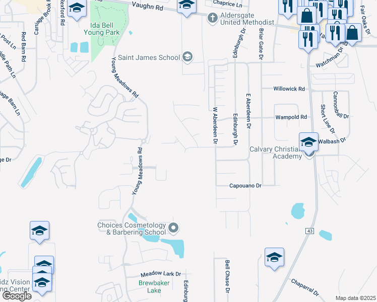 map of restaurants, bars, coffee shops, grocery stores, and more near 2331 Edinburgh Drive in Montgomery