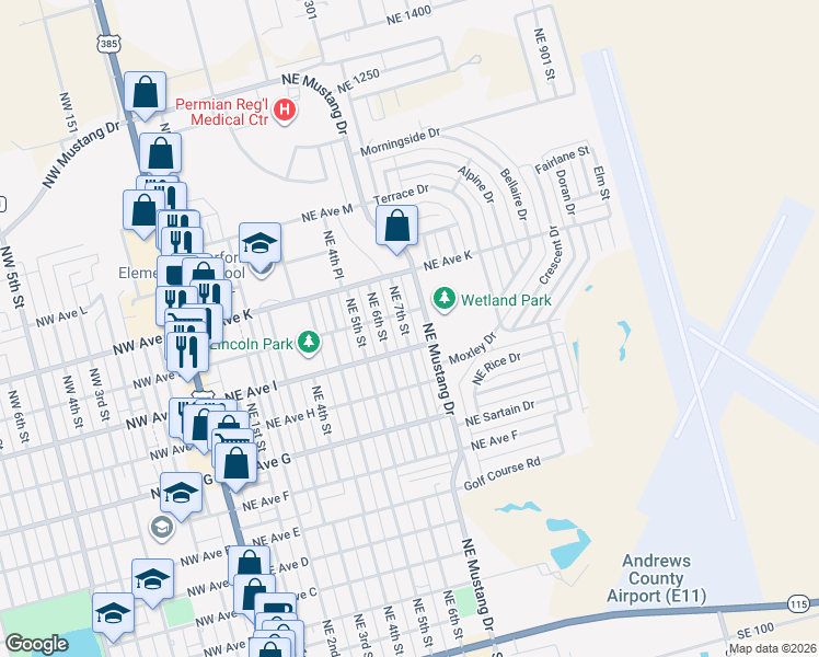 map of restaurants, bars, coffee shops, grocery stores, and more near 1008 Northeast 7th Street in Andrews