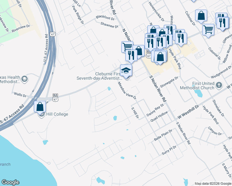 map of restaurants, bars, coffee shops, grocery stores, and more near 106 Meadow View Drive in Cleburne