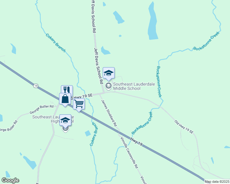 map of restaurants, bars, coffee shops, grocery stores, and more near 2535 Old Highway 19 Southeast in Meridian