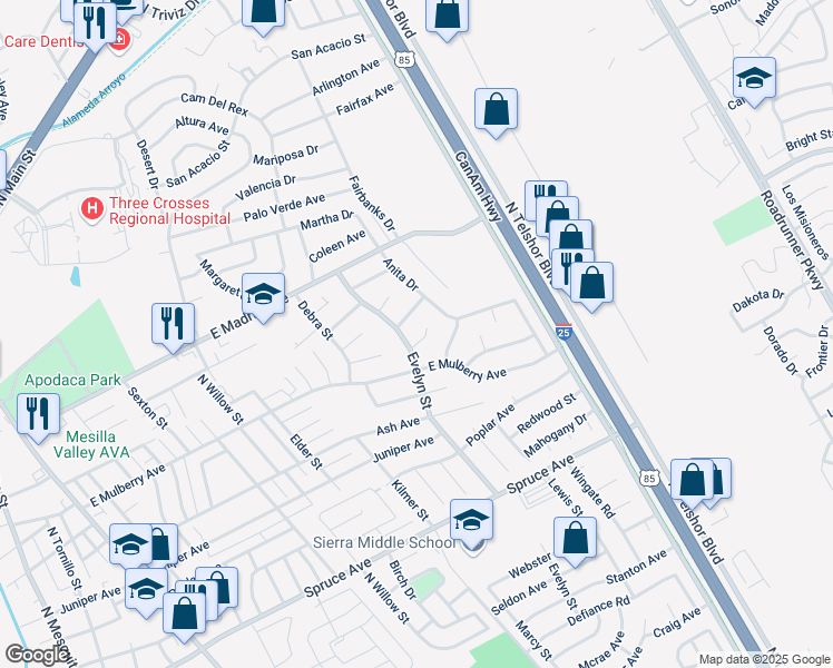 map of restaurants, bars, coffee shops, grocery stores, and more near 1909 Penny Place in Las Cruces