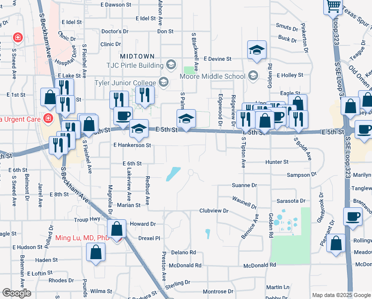 map of restaurants, bars, coffee shops, grocery stores, and more near 1701 Rose Road in Tyler
