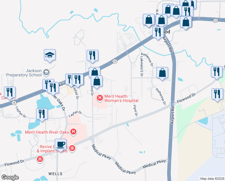 map of restaurants, bars, coffee shops, grocery stores, and more near 585 Dexter Drive in Flowood