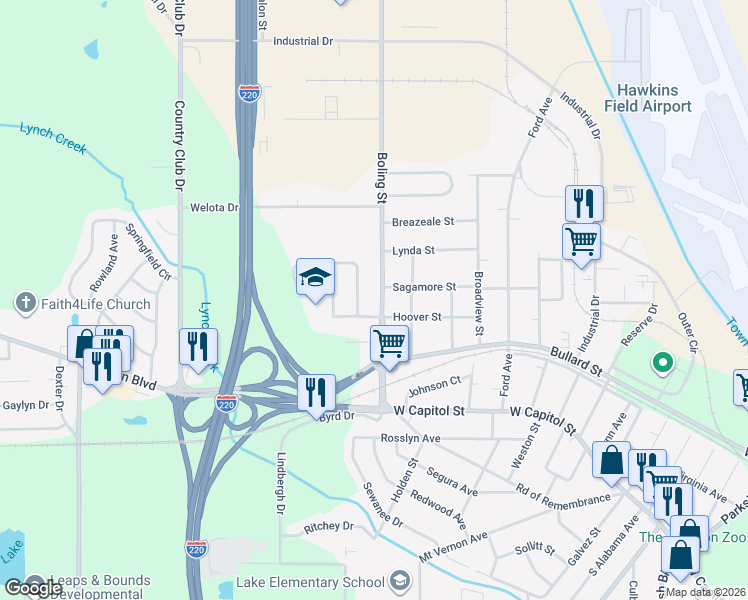 map of restaurants, bars, coffee shops, grocery stores, and more near 315 Boling Street in Jackson