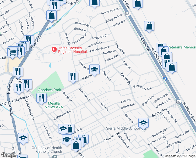 map of restaurants, bars, coffee shops, grocery stores, and more near 1600 East Madrid Avenue in Las Cruces