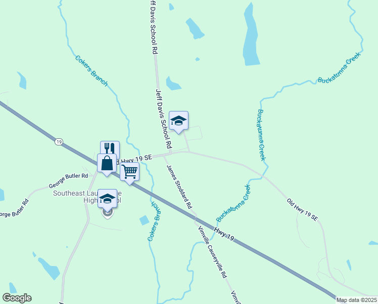 map of restaurants, bars, coffee shops, grocery stores, and more near 2535 Old Highway 19 Southeast in Meridian