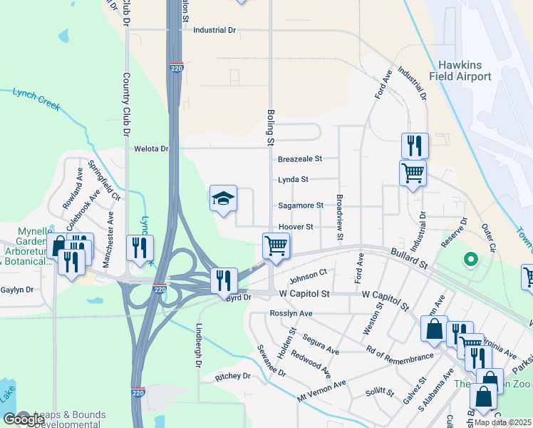 map of restaurants, bars, coffee shops, grocery stores, and more near 315 Boling Street in Jackson