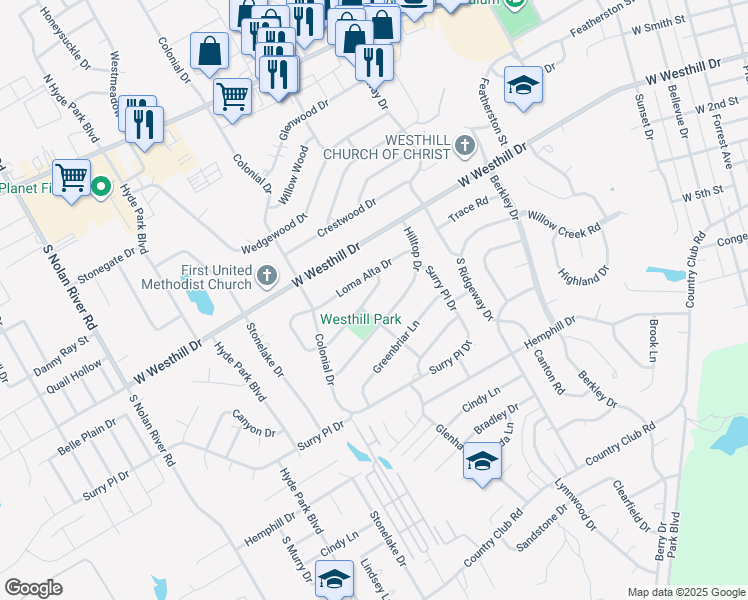 map of restaurants, bars, coffee shops, grocery stores, and more near 1207 Crestview Drive in Cleburne