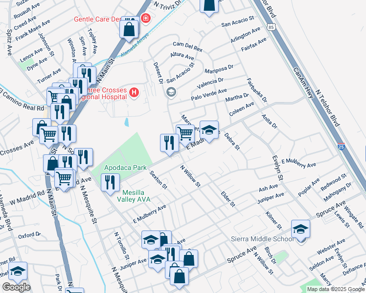 map of restaurants, bars, coffee shops, grocery stores, and more near 2100 Desert Drive in Las Cruces