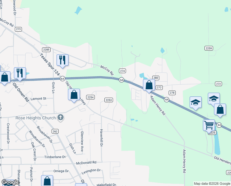 map of restaurants, bars, coffee shops, grocery stores, and more near 10316 La Mobile Avenue in Tyler