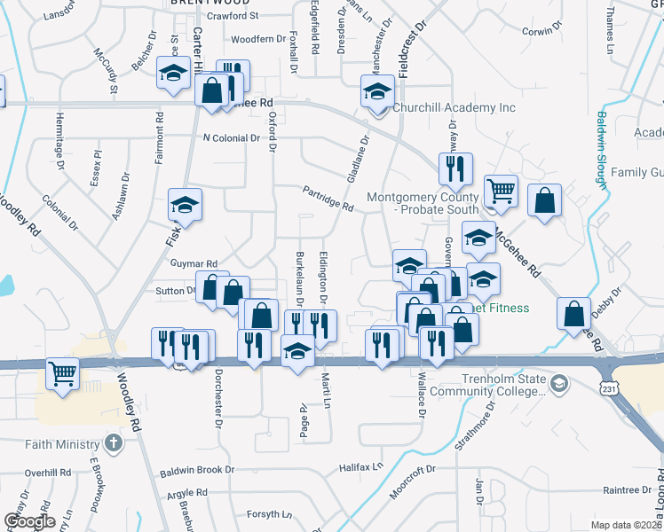 map of restaurants, bars, coffee shops, grocery stores, and more near 2627 Eldington Drive in Montgomery
