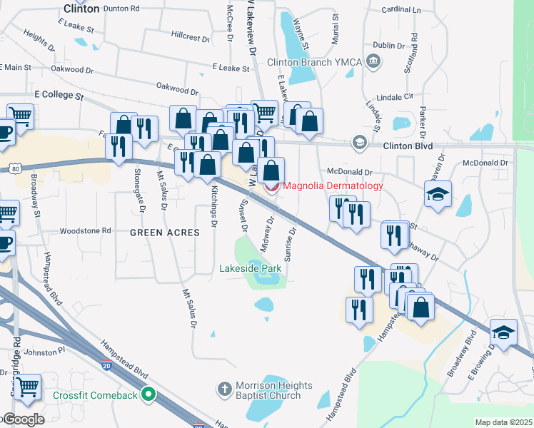 map of restaurants, bars, coffee shops, grocery stores, and more near 806 East College Street in Clinton
