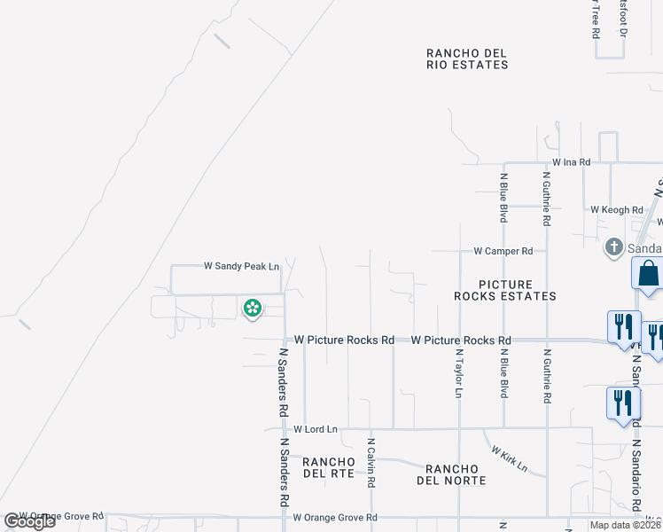 map of restaurants, bars, coffee shops, grocery stores, and more near 6961 North Calvin Road in Tucson