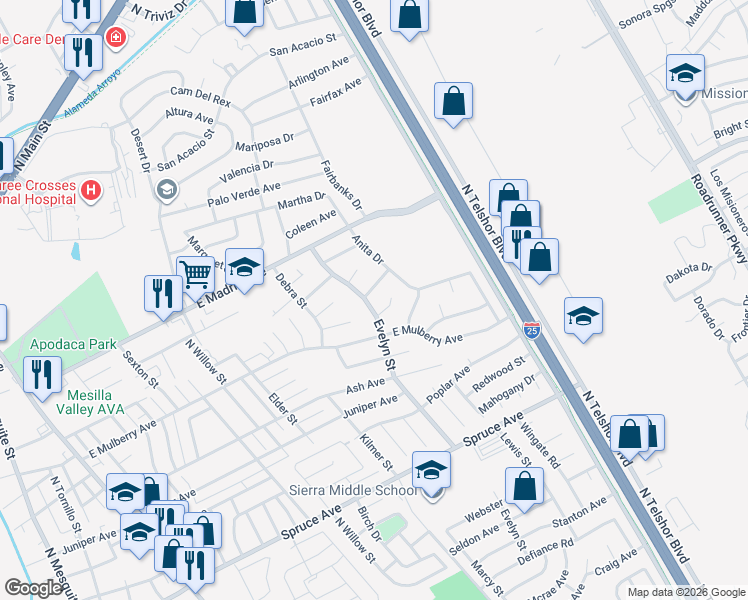 map of restaurants, bars, coffee shops, grocery stores, and more near 1900 Phyllis Lane in Las Cruces