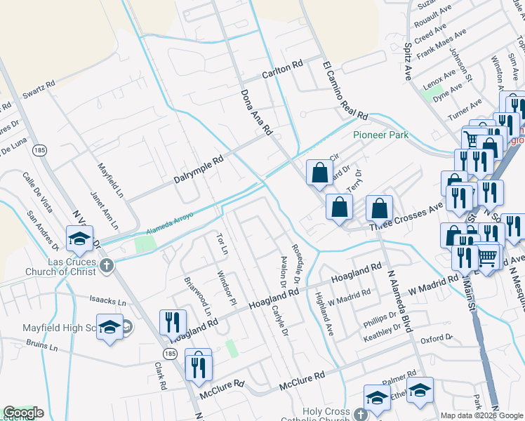 map of restaurants, bars, coffee shops, grocery stores, and more near 2255 Rosedale Drive in Las Cruces