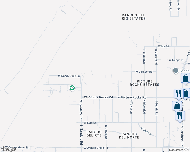 map of restaurants, bars, coffee shops, grocery stores, and more near 6961 North Calvin Road in Tucson