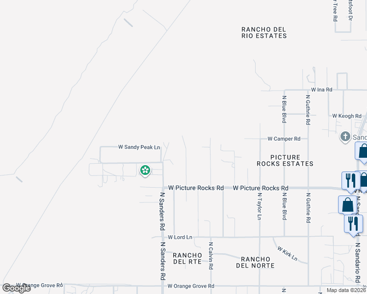 map of restaurants, bars, coffee shops, grocery stores, and more near 6930 North Sanders Road in Tucson