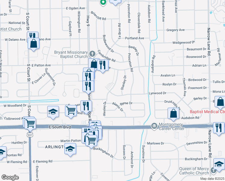 map of restaurants, bars, coffee shops, grocery stores, and more near 602 Lynwood Drive in Montgomery