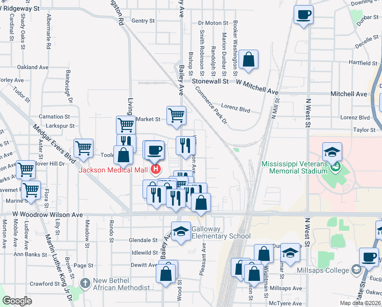 map of restaurants, bars, coffee shops, grocery stores, and more near 2605 Williamson Avenue in Jackson
