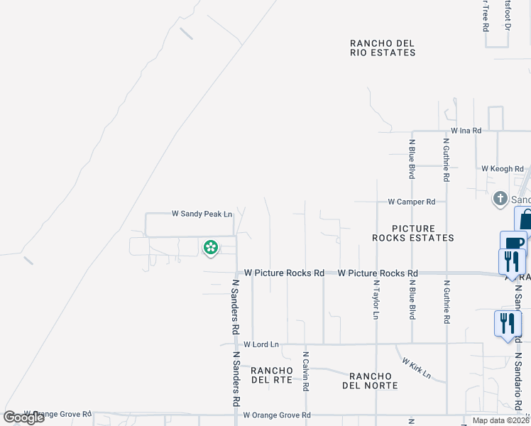 map of restaurants, bars, coffee shops, grocery stores, and more near 6930 North Sanders Road in Tucson