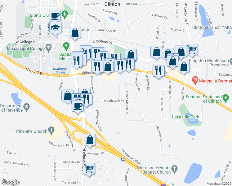 map of restaurants, bars, coffee shops, grocery stores, and more near 107 Woodstone Place in Clinton