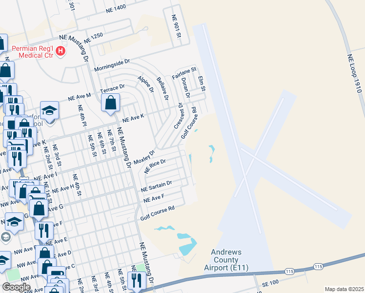 map of restaurants, bars, coffee shops, grocery stores, and more near 1101 Terrace Drive in Andrews