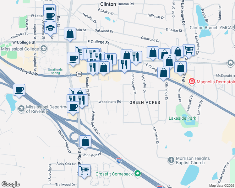map of restaurants, bars, coffee shops, grocery stores, and more near 107 Woodstone Place in Clinton