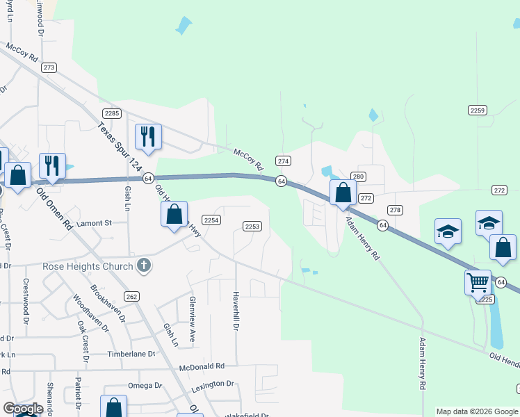 map of restaurants, bars, coffee shops, grocery stores, and more near 10316 La Mobile Avenue in Tyler