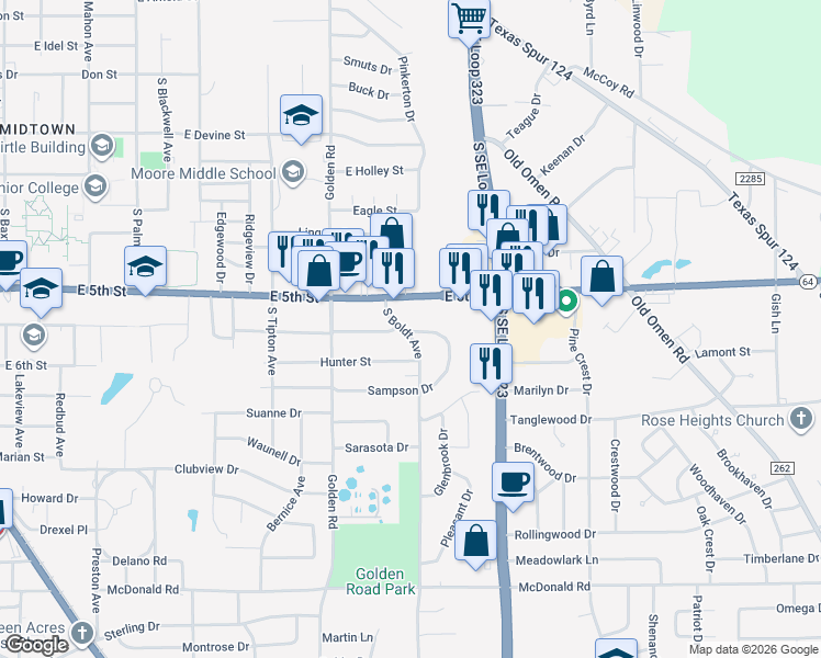 map of restaurants, bars, coffee shops, grocery stores, and more near 1630 Sampson Drive in Tyler