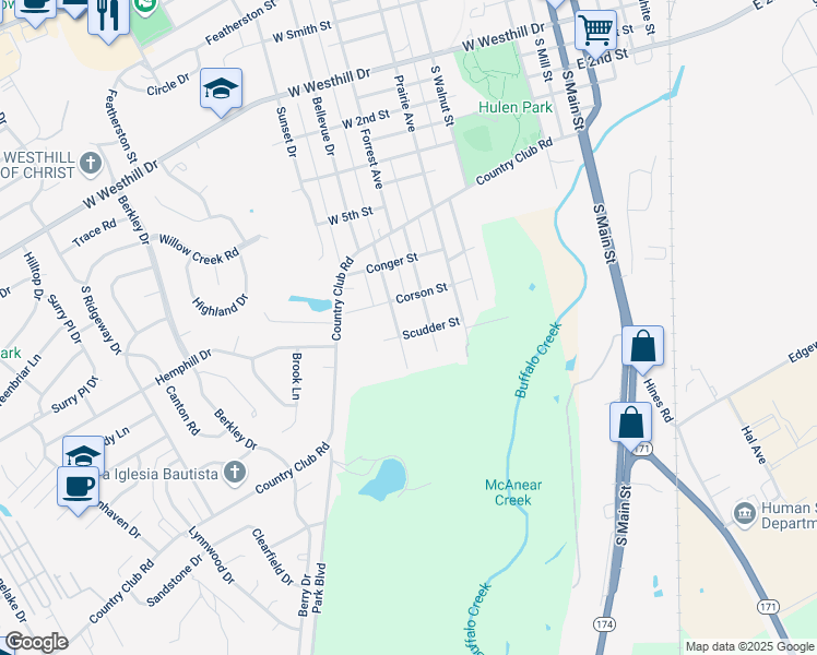 map of restaurants, bars, coffee shops, grocery stores, and more near 605 Scudder Street in Cleburne