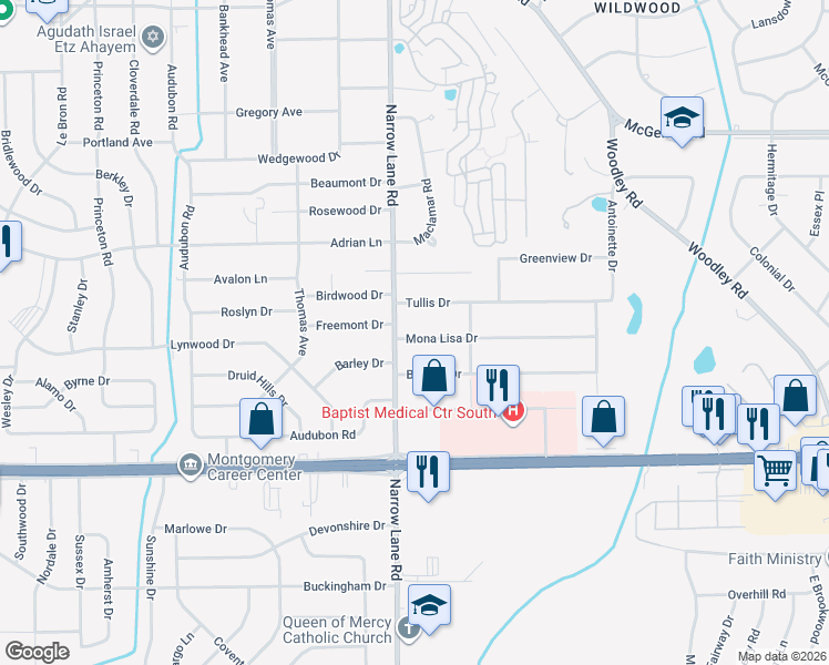 map of restaurants, bars, coffee shops, grocery stores, and more near 2011 Mona Lisa Drive in Montgomery