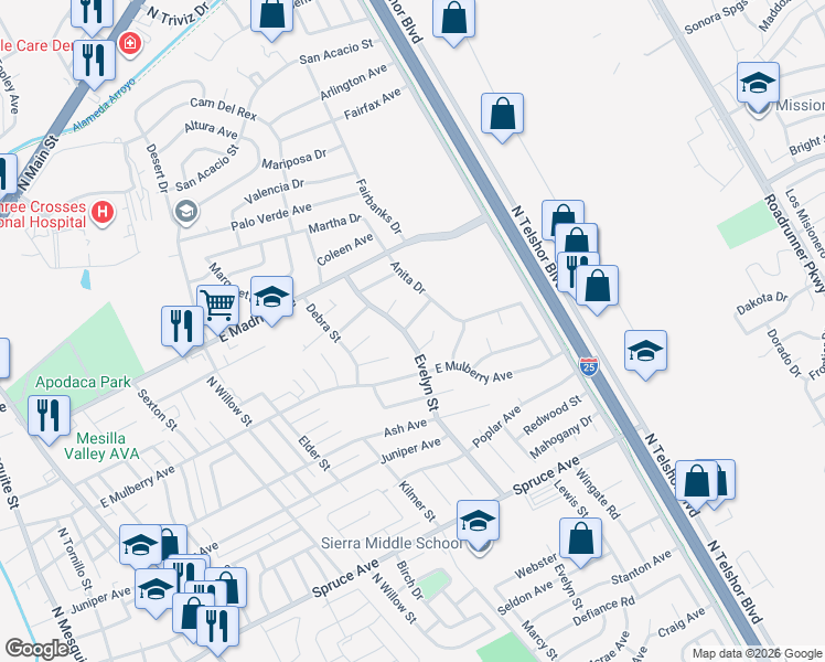 map of restaurants, bars, coffee shops, grocery stores, and more near 1900 Phyllis Lane in Las Cruces