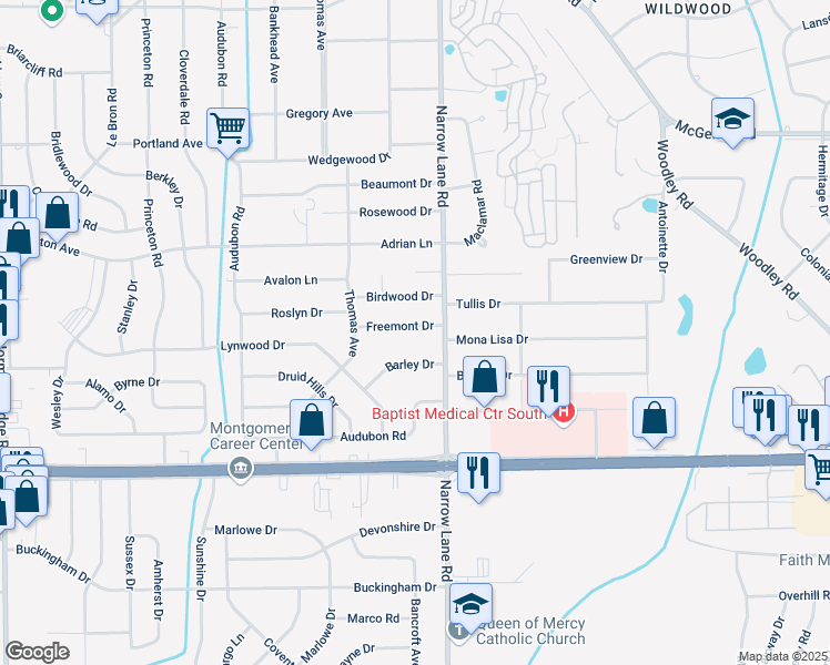 map of restaurants, bars, coffee shops, grocery stores, and more near 1164 Freemont Drive in Montgomery