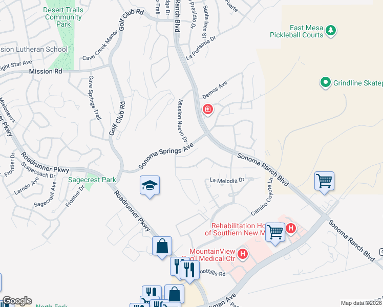 map of restaurants, bars, coffee shops, grocery stores, and more near 4150 Campana Court in Las Cruces